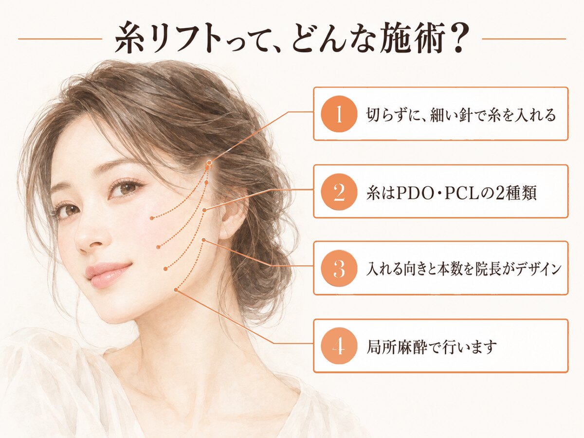 糸リフトって、どんな施術? 1 切らずに、細い針で糸を入れる 2 糸はPDO・PCLの2種類 3 入れる向きと本数を院長がデザイン 4 局所麻酔で行います